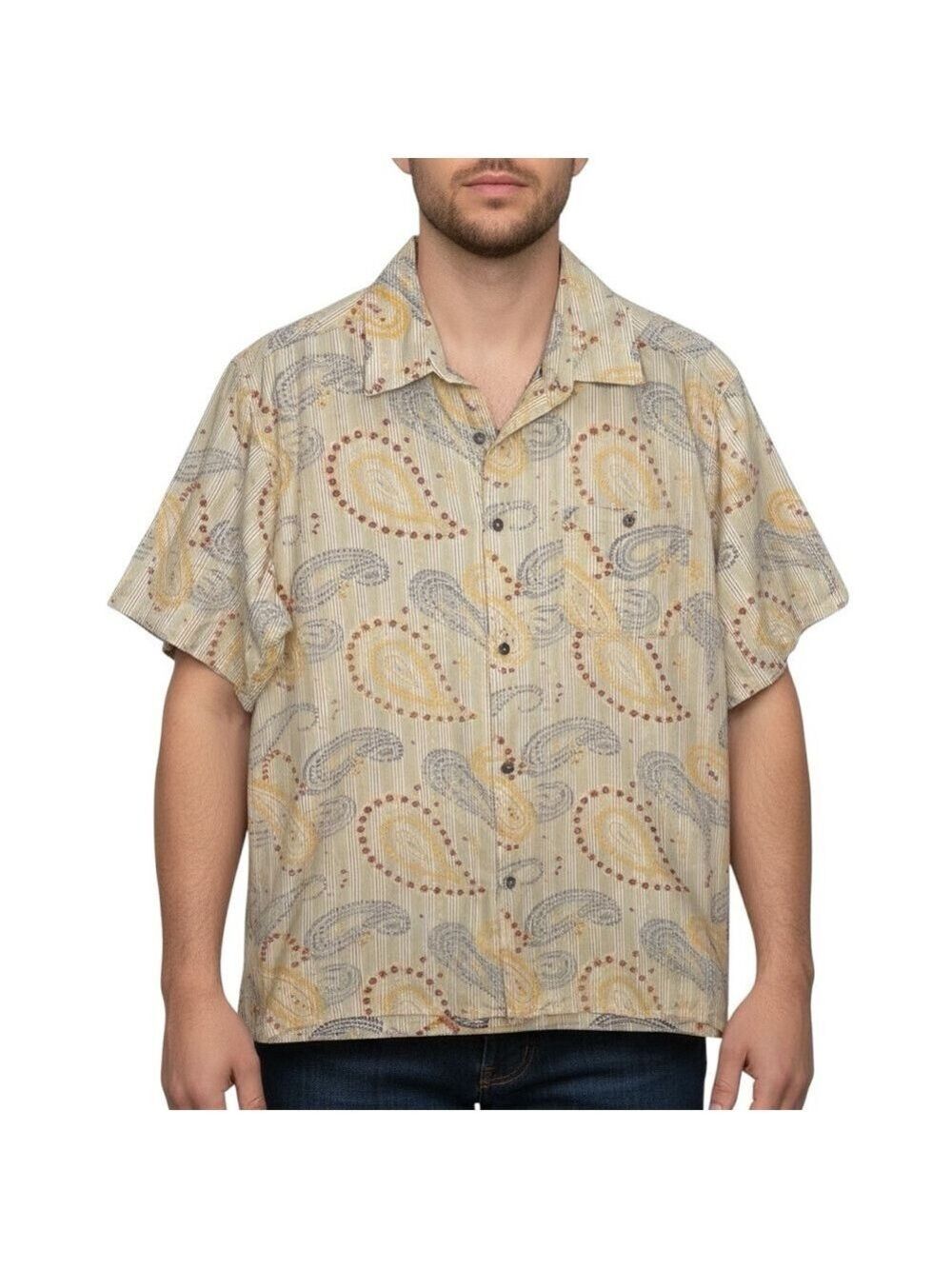 Vintage True Grit 1991 Paisley Floral Stripe Button Front Shirt Men’s L Y2K Surf